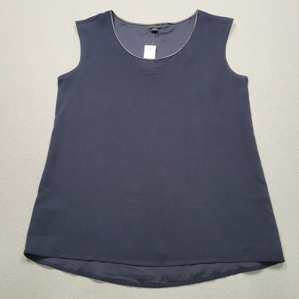 Ann Taylor Womens Navy Blue Faux Leather Trim Sleeveless Shell Top Medium NWT